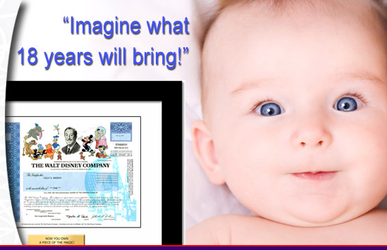 Disney stock gift for baby with cute baby with text that says imagine what 18 years will bring