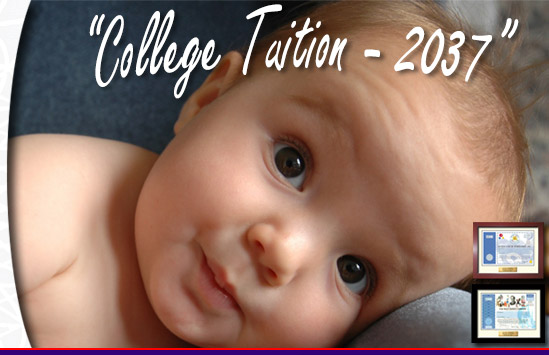 cute baby with one share of disney and build a bear stock with text that says college tuition 2037