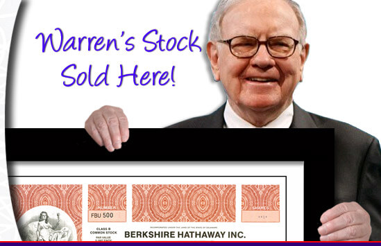 warren buffet holding framed Berkshire Hathaway stock with text that says warren's stock sold here