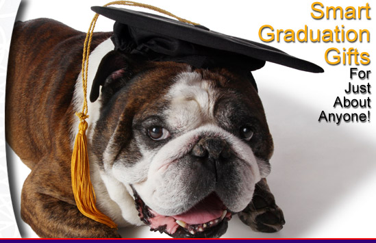 cute dog with graduation hat saying stock as a graduation gift with text that says smart graduation gifts for just about anyone