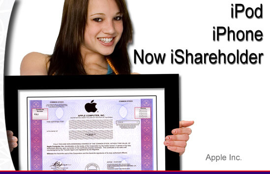 teenage girl holding apple stock certificate with text that says ipod, iphone, now i shareholder