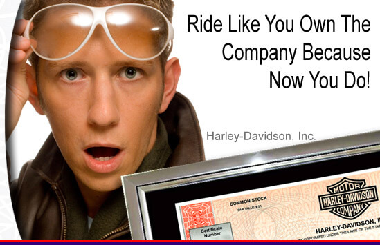 young man amazed with his Harley-Davidson stock with text that says ride like you own the company becausde now you do