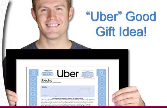 uber good gift idea.  young man with framed Uber stock
