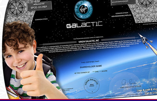 boy giving thumbs up to his Virgin Galactic stock
